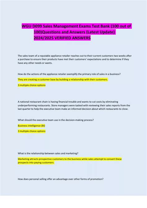 WGU D099 Sales Management Exams Test Bank (100 out of 100)Questions and ...