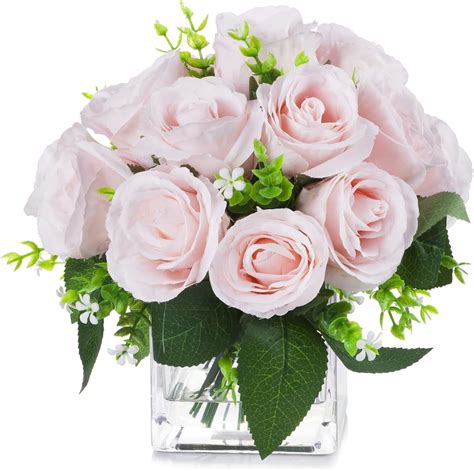 ENOVA FLORAL 18 Heads Silk Rose Artificial Flowers in Vase, Pink Rose ...