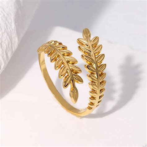 Vintage Leaf Style 18K Gold Plated Stainless Steel Anti-Tarnish Adjust ...