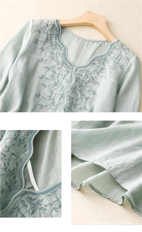 Women's Cotton Linen V Neck Retro Embroidered comfort Casual Top - The ...