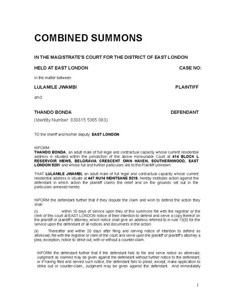 Sample Particulars of Claim and Summons - COMBINED SUMMONS IN THE ...