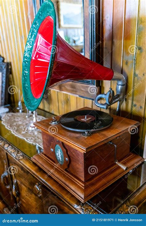 Antique Gramophone Vinyl Record Player with a Large Horn Speaker Stock ...