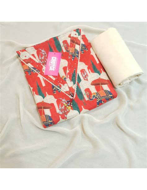 Set 21-13th Aug - Red & Beige Mughal Printed Cotton - Elegant V-Neck ...