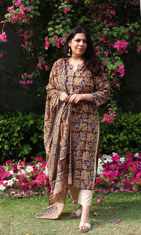 Cotton Handblock Kalamkari Brown Kurta and Dupatta – Baareeki