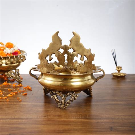 Buy Brass Traditional Twin Peacock Design Urli 9.5 inch - Budhshiv.com