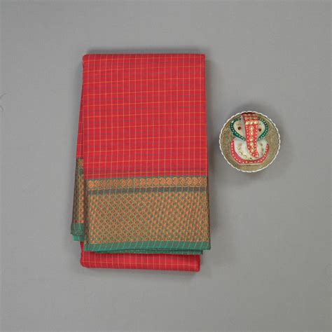 Hayagrivas Handloom Red Pure Cotton Saree with Dusky Green Border KBE1 ...
