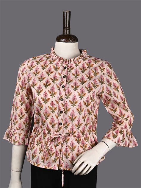 Pastel Pink Leafy Booti Hand Block Printed Cotton Long Blouse