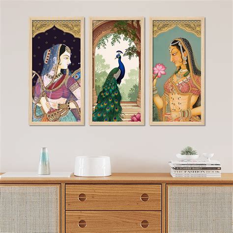 Traditional Indian Queen Art Wooden Wall Frame Set of Three – Decor Smart