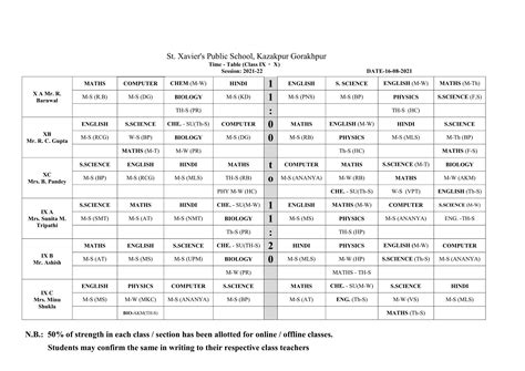 Zoom Class Time Table