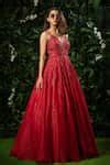 Buy Red Silk Organza Embellished V Neck Gown For Women by Mirroir ...
