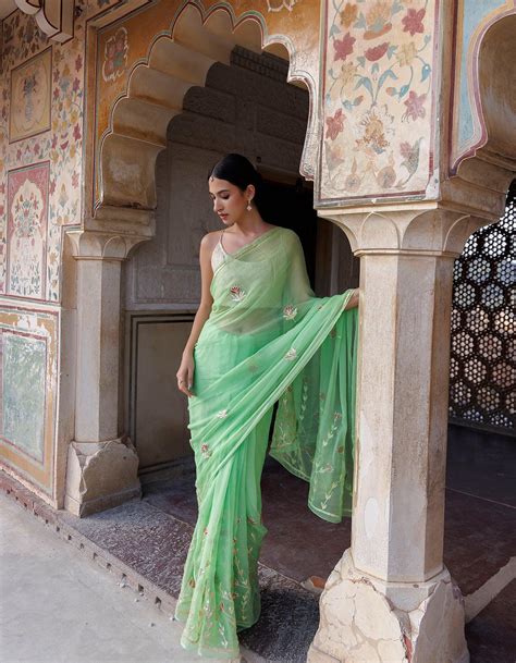 Green Hand embroidered Gota Patti Chiffon Saree – Geroo Jaipur