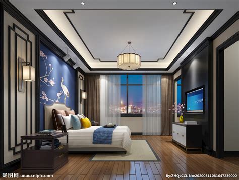 别墅室内装潢中式风格卧室装修效果图_紫云轩中式设计图库