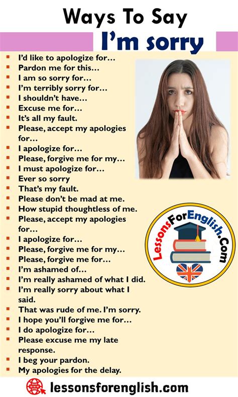 Different Ways To Say I’m sorry, English Phrases Examples I’d like to apologize for… Pardo ...
