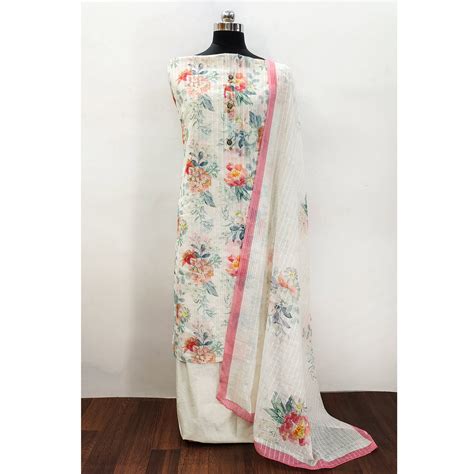 Off White Printed Linen Dress Material