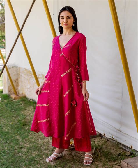 Magenta Gold Printed Angrakha Kurta – MISSPRINT