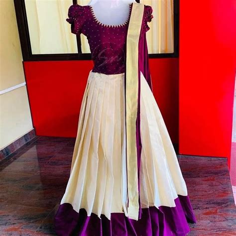 Buy Kerala Golden Tissue Neck Worked Dhavani Lehanka Material ,skirt ...