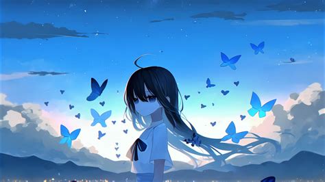 Sad girl Wallpaper 4K, Anime girl, Mood, Butterflies