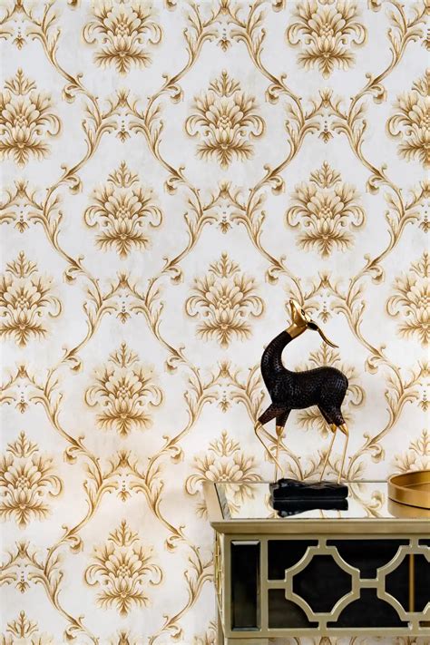 Gold Baroque Damask Wallpaper for Walls with Embossed Shimmer Finish ...