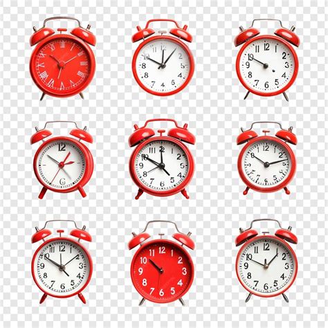 Collection of nine red alarm clocks showing different times | AI ...