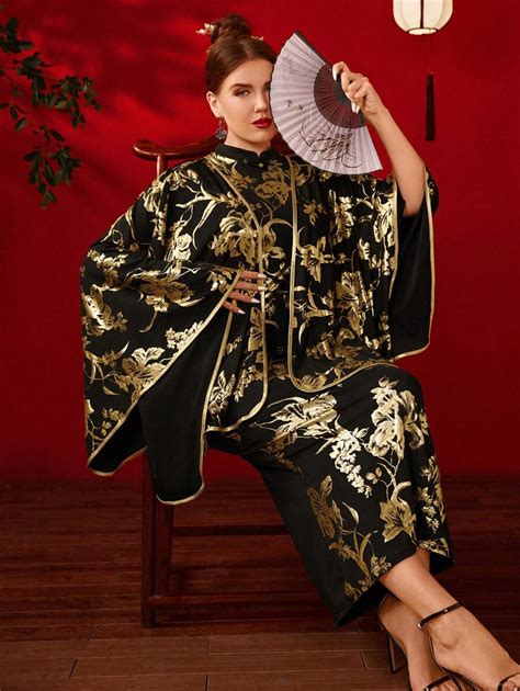 SHEIN Clasi Plus Size Elegant Chinese-Style Cheongsam Wrap, Gold Foil ...