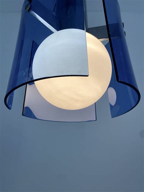 Leuka Flush Mount Semi Ceiling Lamp Blue Glass Chrome, Italy 1970 – DERIVE