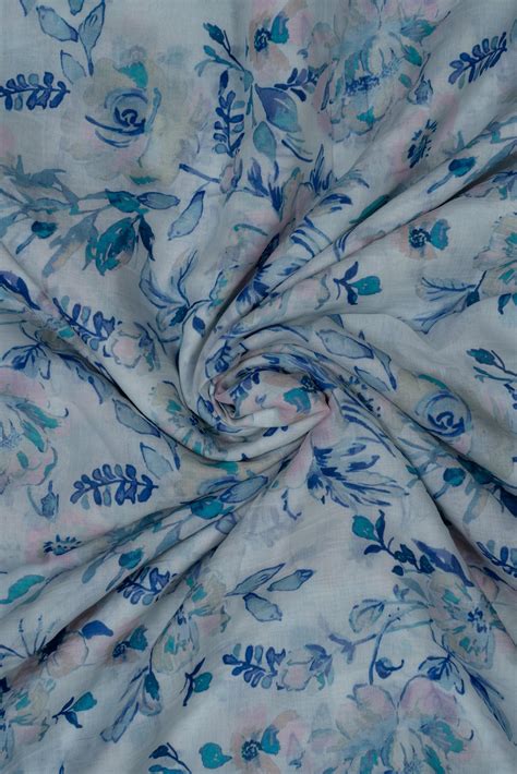 White & Blue Floral Printed Pure Malai Chanderi Fabric (Width 44 Inche ...