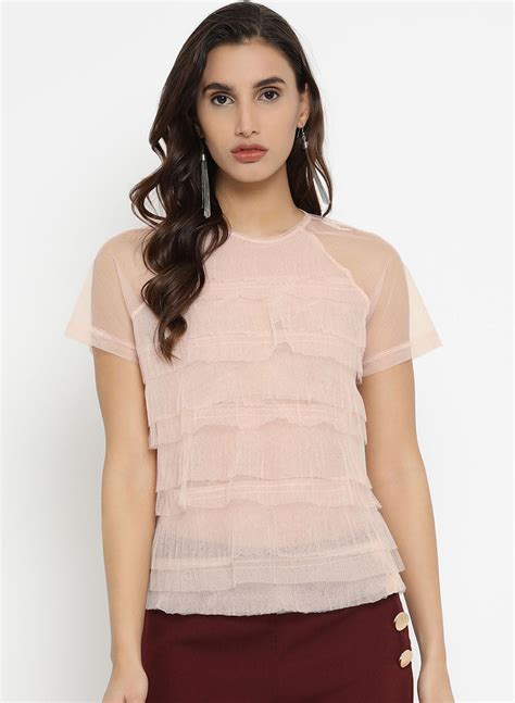 Buy Pleated Mesh T Shirt 118217PNKNCKXS – KAZO