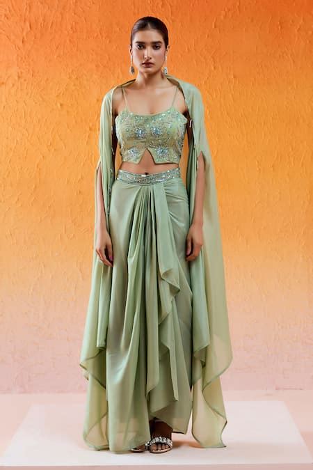 Buy Green Crepe, Organza Embroidery Round Neck Crush Draped Skirt With ...