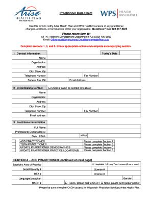 Fillable Online Practitioner Data Sheet - Arise Health Plan Fax Email ...