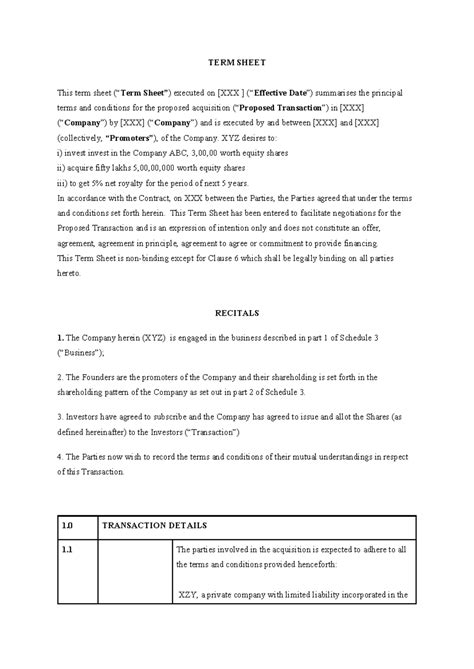 Term Sheet for Share Purchase Agreement - XYZ & ABC - Studocu