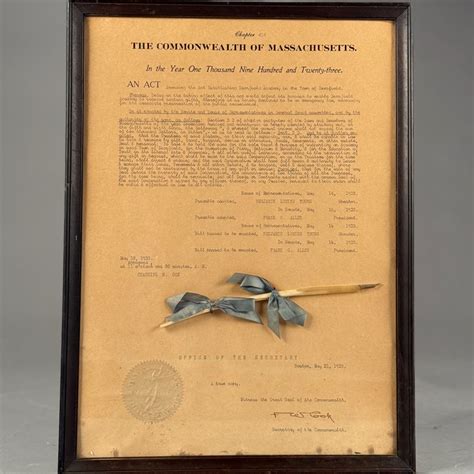LOT 050 FRAMED DOCUMENT DATED, BOSTON, MAY 21, 1923, “AMENDING THE ACT ...