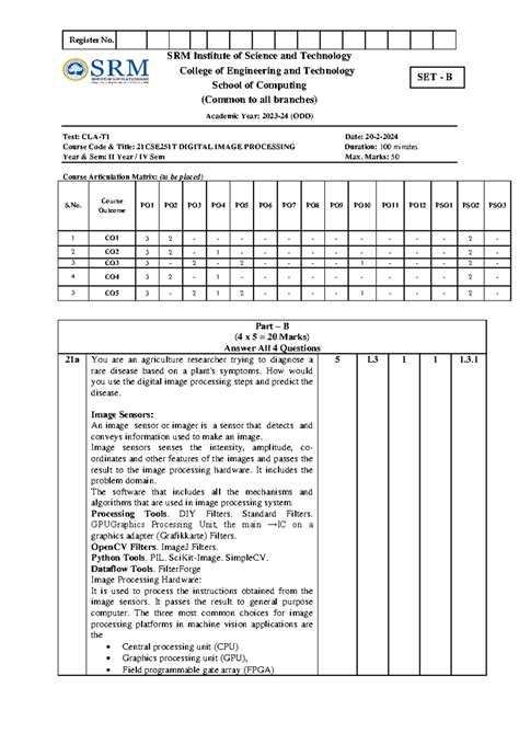 Set B PART B - C Answer key - Register No. SRM Institute of Science and ...