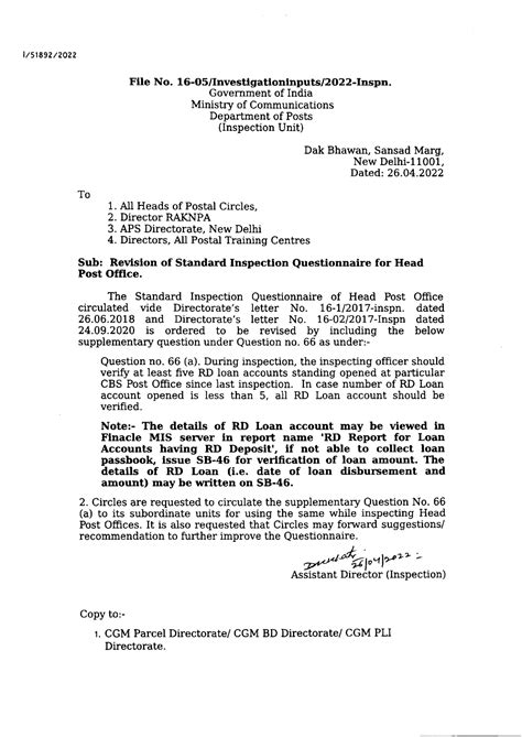Standard Inspection Questionnaire for Head Post Office