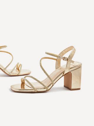 Gold Faux Leather Strappy Diamante Block Heel – Linzi