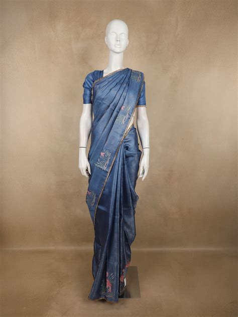 Deep Steel Blue Mini Checked Woven Design Pure Tissue Designer Saree ...