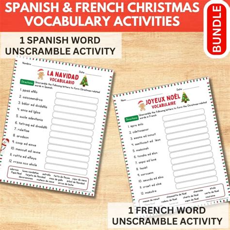 BUNDLE Spanish & French Christmas Activity Word Unscramble Navidad & Noël