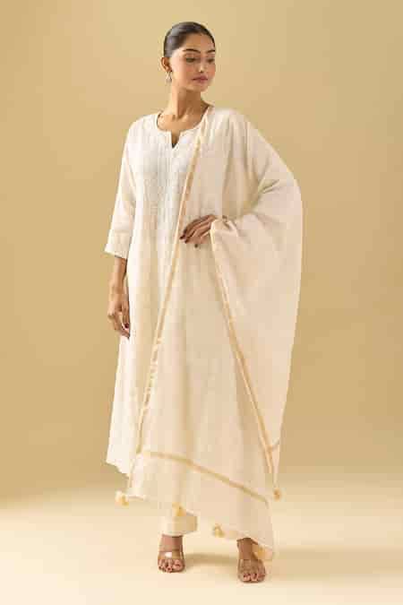 Buy White Mal Chanderi Embroidered Bead Notched Cutdana A-line Kurta ...