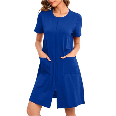 Besolor Womens Short Sleeve Robes Pajama Dress Zipper Crewneck Summer ...