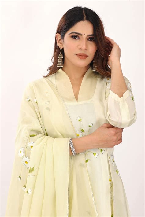 Hand Painted Pale Yellow Color Anarkali pattern suit set with Dupatta ...