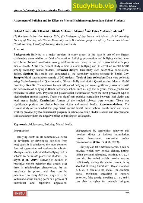 Assessment Of Bullying And Its Effect On Mental Health Among Secondary School Students | PDF