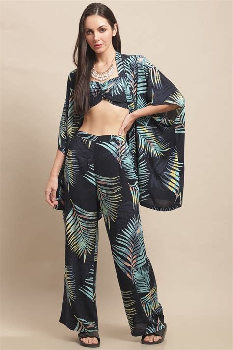 Navy Color Tropical Printed Viscose Rayon 3 pcs Beachwear Coverup Set ...