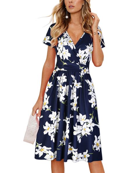 OUGES Women's Summer Short Sleeve V-Neck Floral Short Party Dress with ...