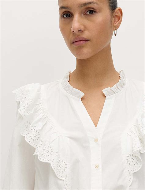 Buy Pure Cotton Broderie Long Sleeve Blouse at Marks & Spencer