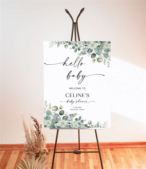 Editable greenery hello baby baby shower welcome sign gender neutral ...
