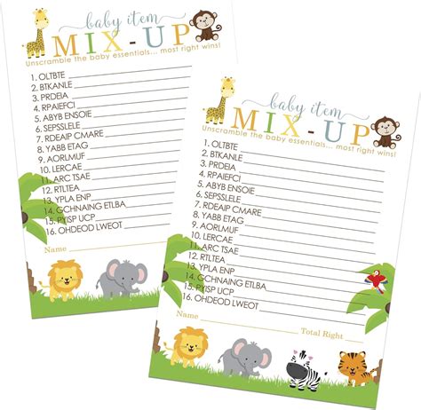 Paper Clever Party Cute Jungle Baby Shower Word Scramble Game - 25 Pack ...