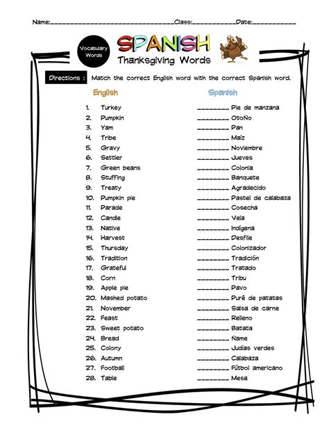 Printable Spanish Thanksgiving Worksheets | FREE Printable
