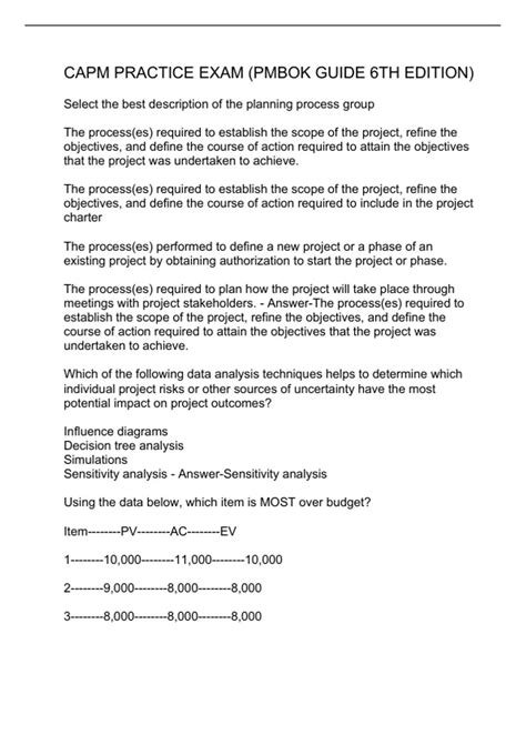 CAPM PRACTICE EXAM (PMBOK GUIDE 6TH EDITION) - CAPM - Stuvia US