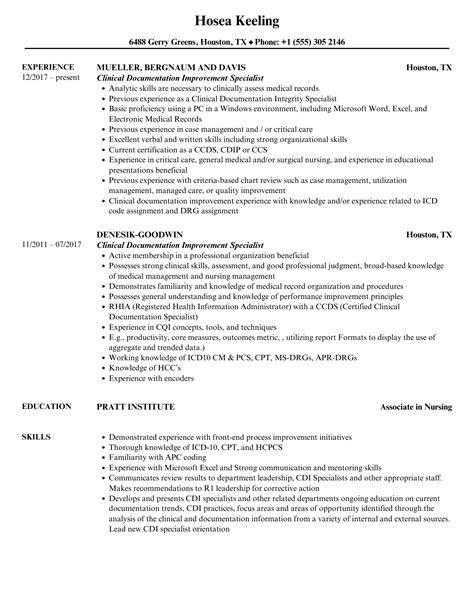 Clinical Documentation Improvement Specialist Resume | Velvet Jobs