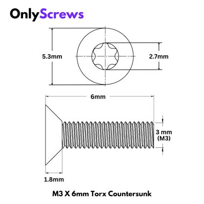 M3 X 6mm Torx(Star) CSK SS 304 Screw (Dia. 3mm, Length 6mm) – OnlyScrews