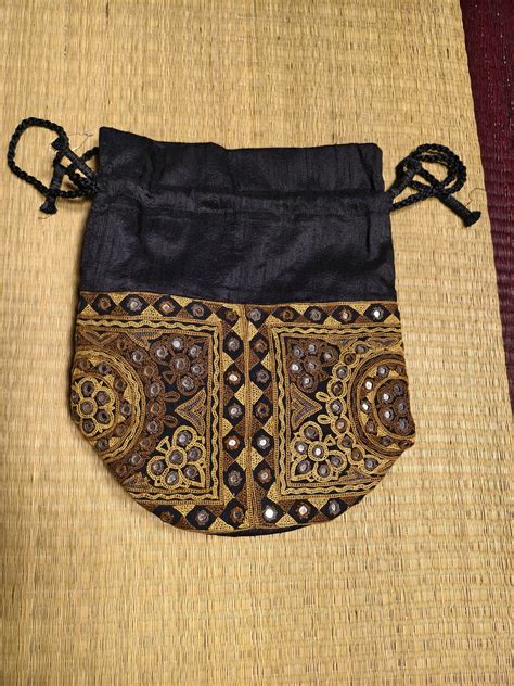 Black Kutch Hand-Embroidered Mirror Work Potli Bag – Kalakriti by Paroma